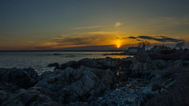 Sunset rocky shore lighthouse water free wallpaper for desktop - medium preview image