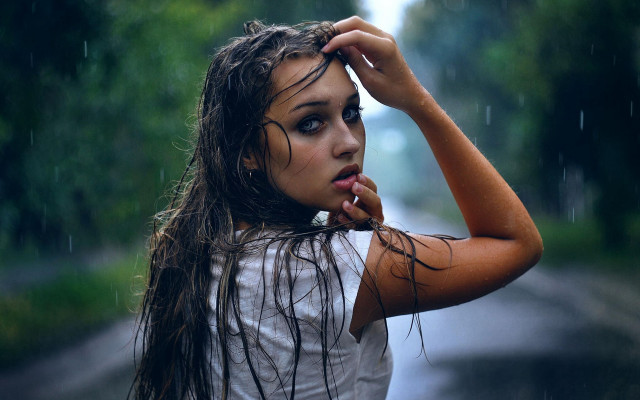 Woman rain wet hair blue free wallpaper for desktop - medium preview image