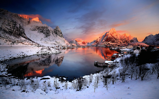 Lake snow mountains sunset boat free wallpaper for desktop - medium preview image