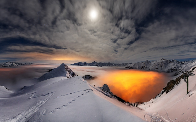 Snowy mountain orange light cityscape free wallpaper for desktop - medium preview image
