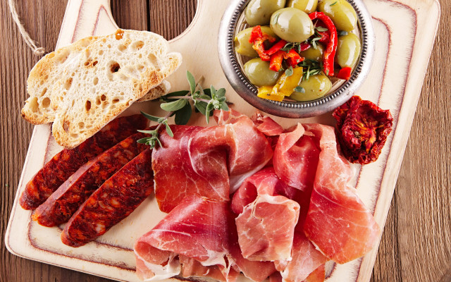 Meats breads olives peppers wooden free wallpaper for desktop - medium preview image