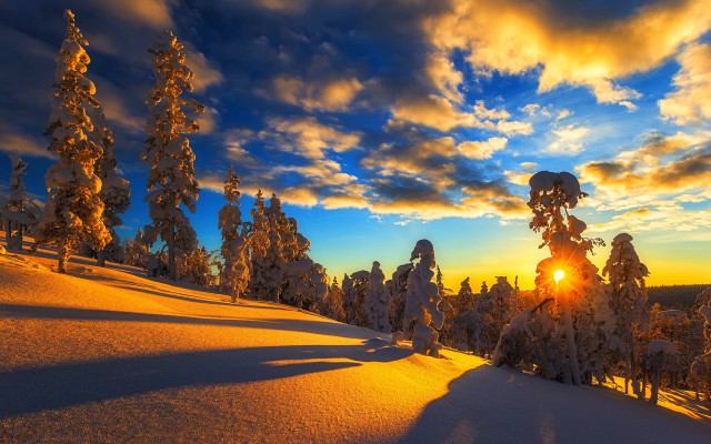 Sunset snowy mountain trees clouds #4 free wallpaper for desktop - medium preview image