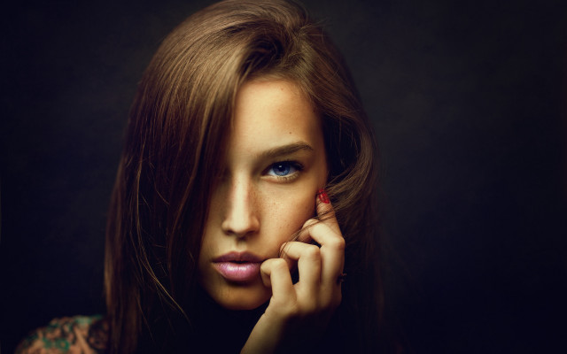 Woman redflower blackbackground photorealistic portrait free wallpaper for desktop - medium preview image