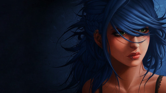 Blue hair green eyes gothic free wallpaper for desktop - medium preview image