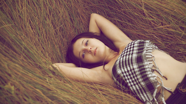 Woman laying field plaid dress free wallpaper for desktop - medium preview image