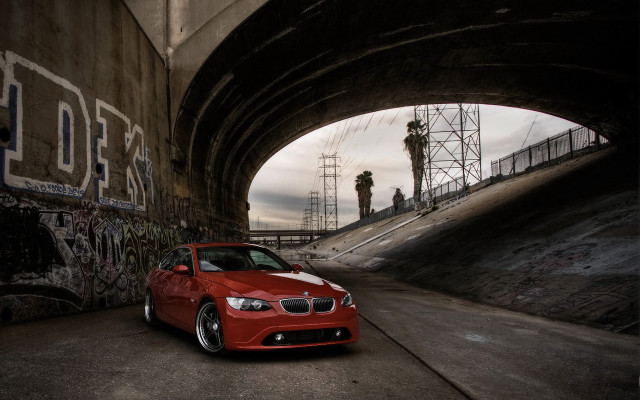 Red car graffiti wall bridge free wallpaper for desktop - medium preview image