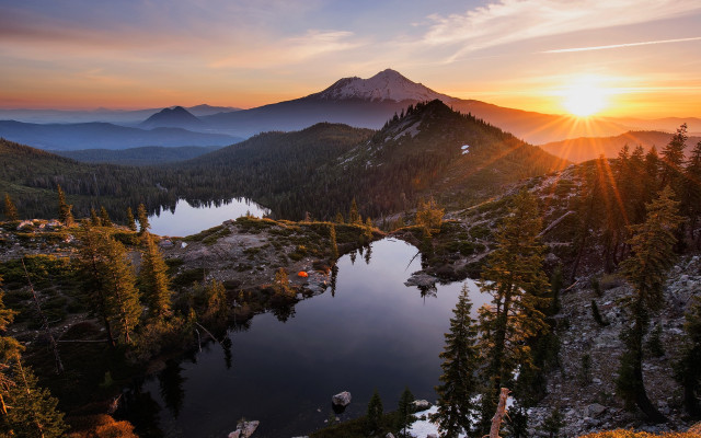 Sunset lake mountains trees water free wallpaper for desktop - medium preview image