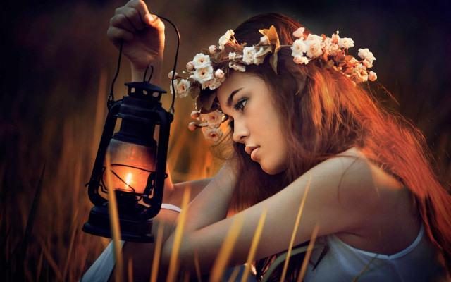 Woman lantern flower wreath field free wallpaper for desktop - medium preview image