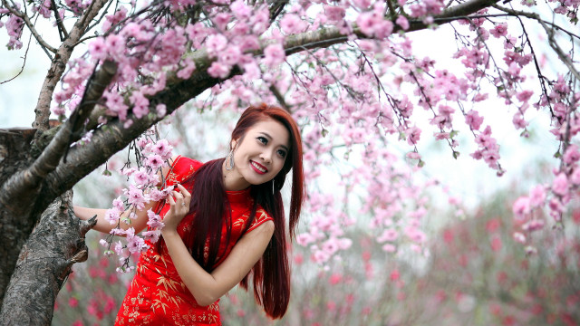 Red dress pink flower portrait free wallpaper for desktop - medium preview image