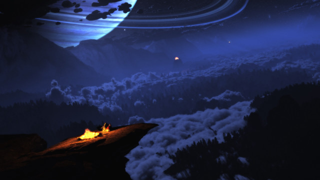 Distant planet campfire mountain night free wallpaper for desktop - medium preview image