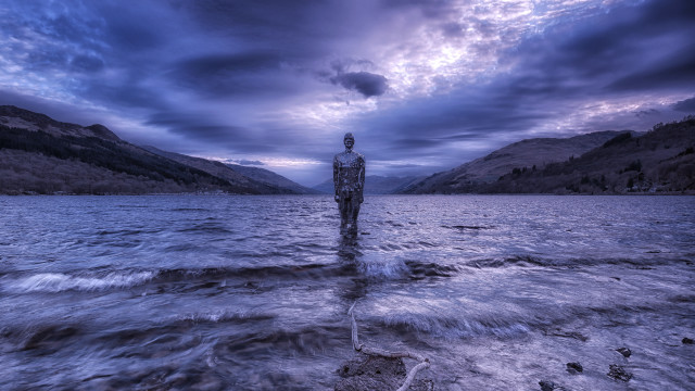 Man lake surreal planet mountains free wallpaper for desktop - medium preview image