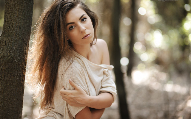 Woman woods serious brown hair free wallpaper for desktop - medium preview image