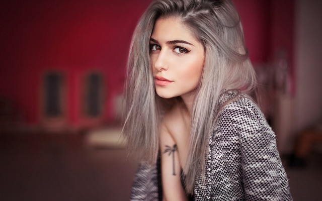 Woman tattoo greyhair redbackground photorealistic free wallpaper for desktop - medium preview image