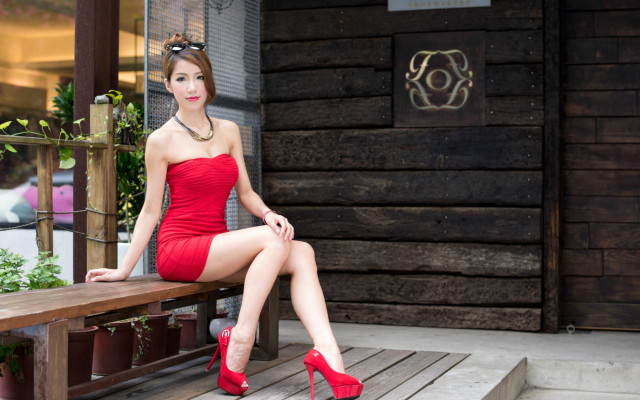 Woman red dress bench highheels free wallpaper for desktop - medium preview image