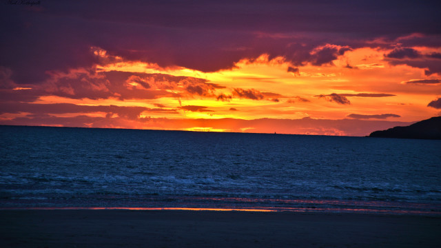Sunset ocean boat mountain clouds #2 free wallpaper for desktop - medium preview image