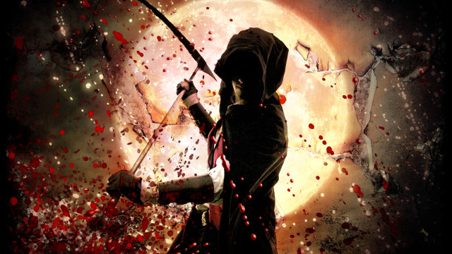 Hooded sword fullmoon blood splatters free wallpaper for desktop - medium preview image