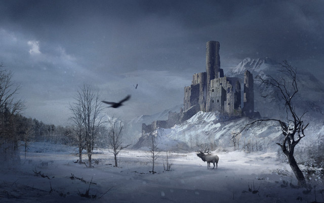 Castle snow deer bird gothic free wallpaper for desktop - medium preview image