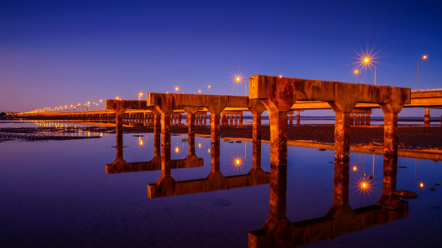 Pier lights reflection night kimono free wallpaper for desktop - medium preview image