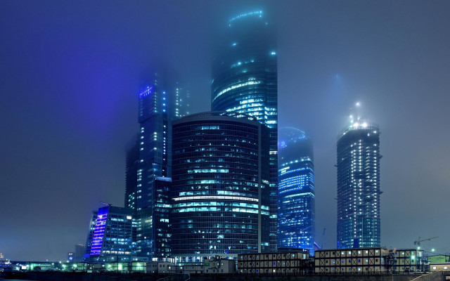 City skyline night fog bridge free wallpaper for desktop - medium preview image