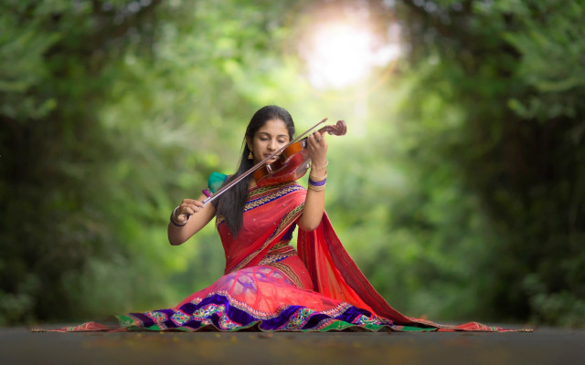 Woman red dress violin forest free wallpaper for desktop - medium preview image
