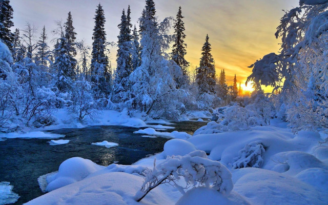 River snow trees sunset mountains free wallpaper for desktop - medium preview image