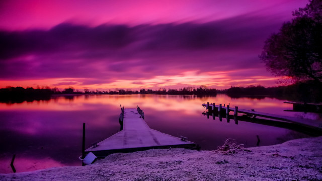 Lake sunset dock snow purple free wallpaper for desktop - medium preview image
