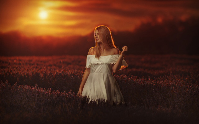 Woman white dress field sunset #3 free wallpaper for desktop - medium preview image