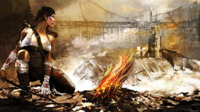 Woman rubble fire bridge apocalyptic free wallpaper for desktop - medium preview image