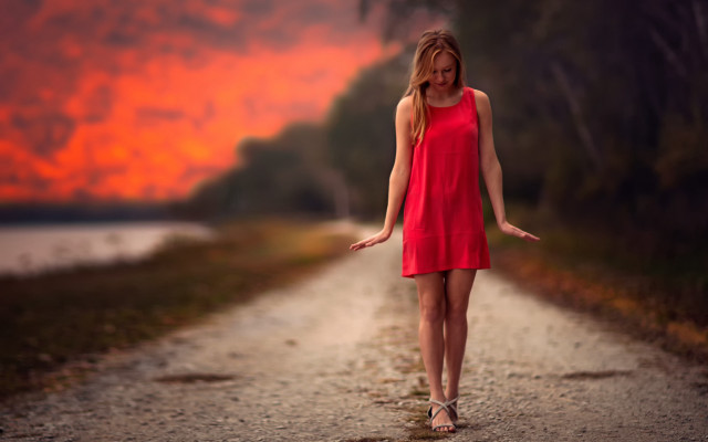 Woman red dress sunset outstretched free wallpaper for desktop - medium preview image
