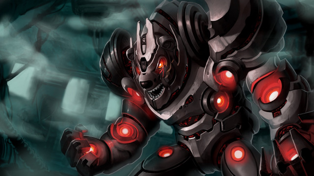 Robot glowing red eyes armored free wallpaper for desktop - medium preview image
