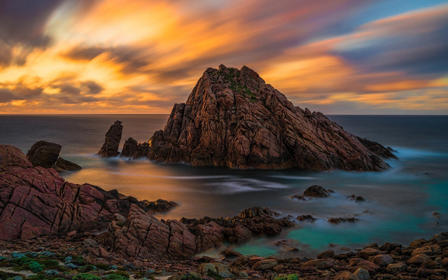 Rocky beach mountain skyfire campfire free wallpaper for desktop - medium preview image