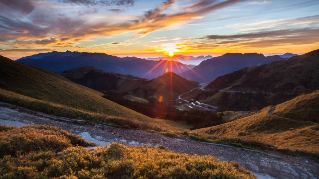 Sunset valley mountains road campfire free wallpaper for desktop - medium preview image