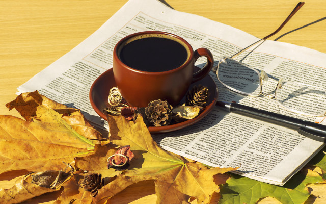 Coffee glasses newspaper leaves autumn free wallpaper for desktop - medium preview image
