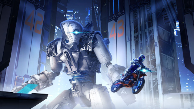 Futuristic robot city motorcycle background free wallpaper for desktop - medium preview image