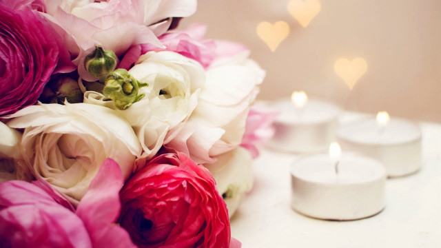 Bouquet candles hearts romantic stilllife free wallpaper for desktop - medium preview image