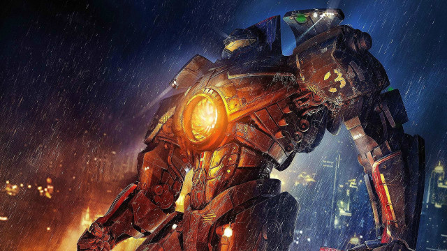 Giant robot rainy city night free wallpaper for desktop - medium preview image