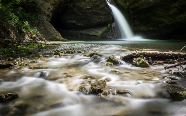 Waterfall river rocks trees tiltshift free wallpaper for desktop - medium preview image
