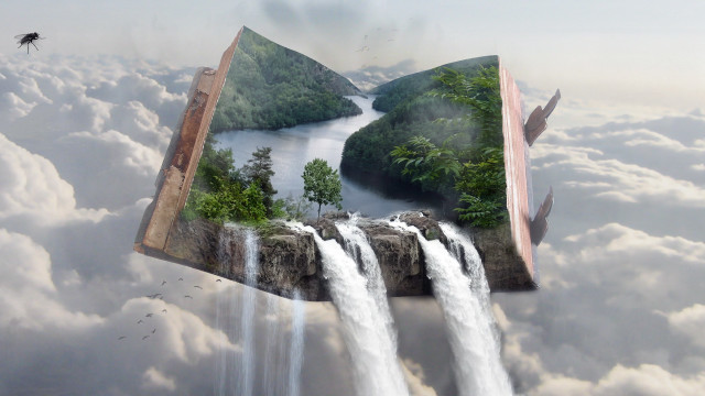 Floating waterfall book river mountains free wallpaper for desktop - medium preview image