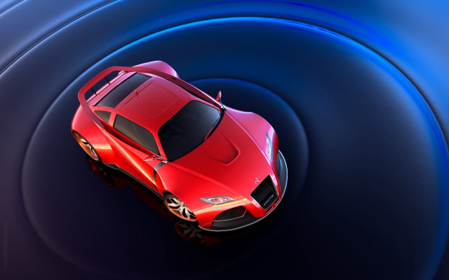 Red sports car above circular free wallpaper for desktop - medium preview image