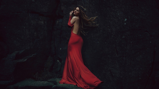 Red dress woman rock wall free wallpaper for desktop - medium preview image