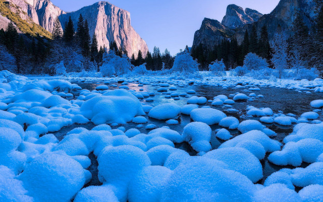 Snowy river mountains dusk blue free wallpaper for desktop - medium preview image