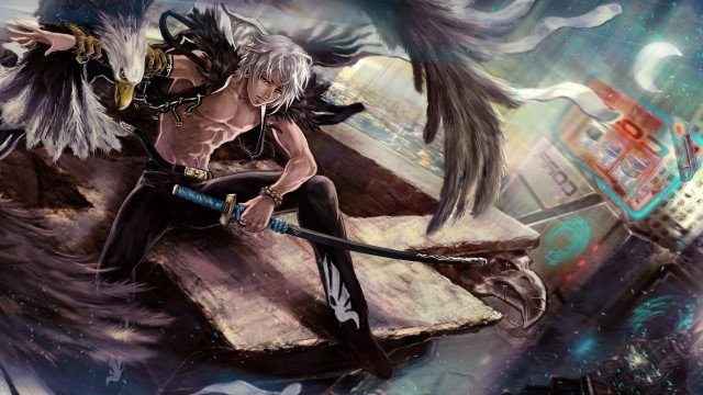 Woman wings wooden structure city free wallpaper for desktop - medium preview image