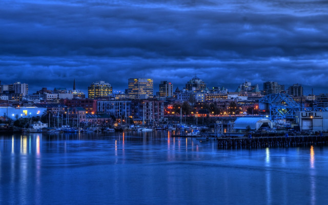 City skyline harbor boat night free wallpaper for desktop - medium preview image