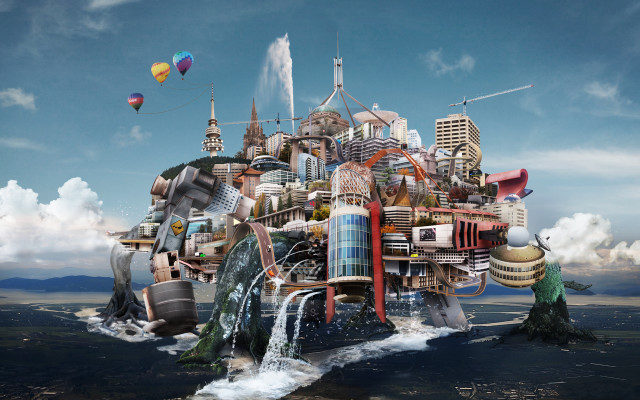 Floating city waterfall balloons beach free wallpaper for desktop - medium preview image