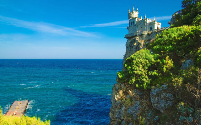 Castle cliff ocean pier blue free wallpaper for desktop - medium preview image
