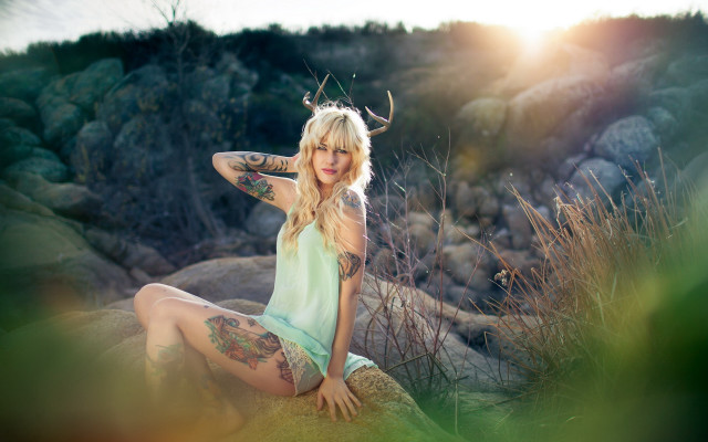 Woman tattooed sitting rock field free wallpaper for desktop - medium preview image