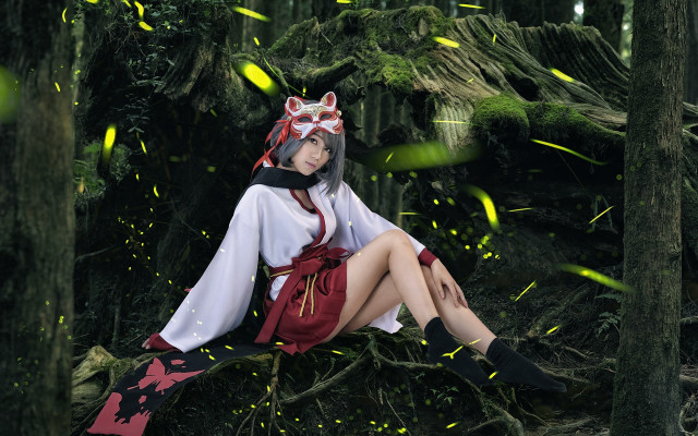 Woman tree forest fireflies cosplay free wallpaper for desktop - medium preview image