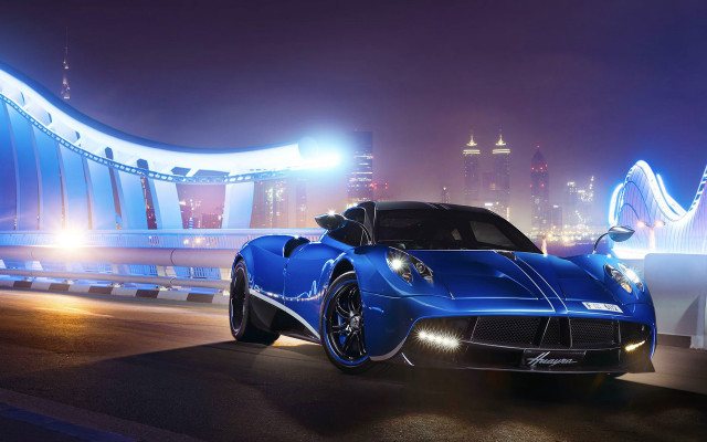 Blue sports car bridge night free wallpaper for desktop - medium preview image