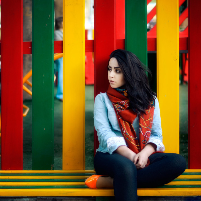 Woman bench colorful wall red free wallpaper for tablet - medium preview image