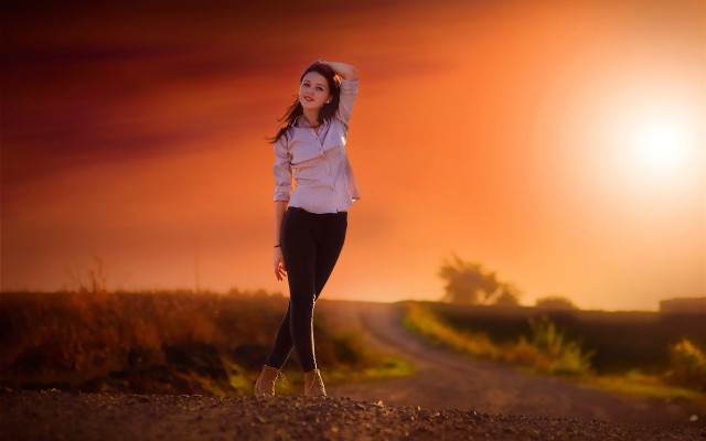 Woman sunset dirt road portrait free wallpaper for desktop - medium preview image